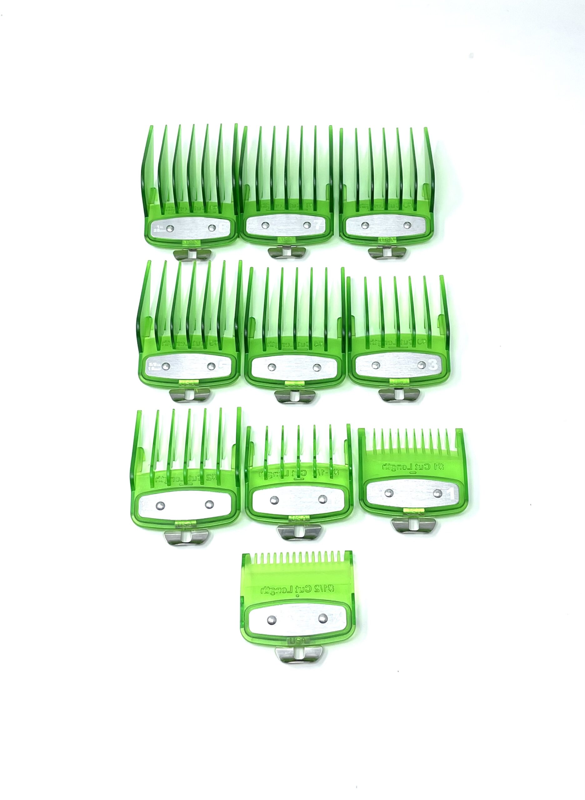 Green Clear Clipper Premium Guards set with metal clip fits wahl and