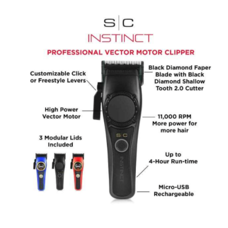 StyleCraft S|C Instinct professional Vector Motor Cordless Clipper With Torque Control professional vector motor runs 11,500 strokes per minute intuitive torque control detects resistance and adjusts torque Black Faper/Fusion fixed blade with Black Dlc Slim deep moving blade Li battery with 4 hours run time and 2 hour charge time Micro -USB for wide range use fully adjustable zero gap blade for closest cut and finish includes 8 white magnetic guards set, stretch bracket, Micro-usb cord, charge stand, cleaning and Maintance kit.