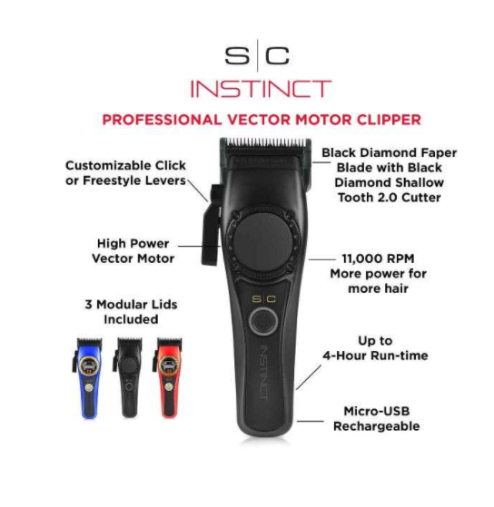 StyleCraft S|C Instinct professional Vector Motor Cordless Clipper With Torque Control professional vector motor runs 11,500 strokes per minute intuitive torque control detects resistance and adjusts torque Black Faper/Fusion fixed blade with Black Dlc Slim deep moving blade Li battery with 4 hours run time and 2 hour charge time Micro -USB for wide range use fully adjustable zero gap blade for closest cut and finish includes 8 white magnetic guards set, stretch bracket, Micro-usb cord, charge stand, cleaning and Maintance kit.
