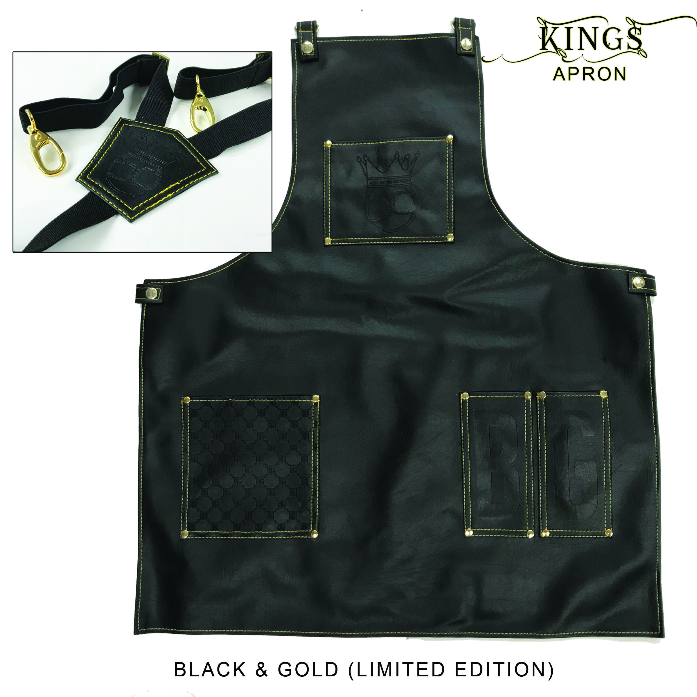 BarberGeeks Xl King's Apron With Y-Strap - Black & gold stiches