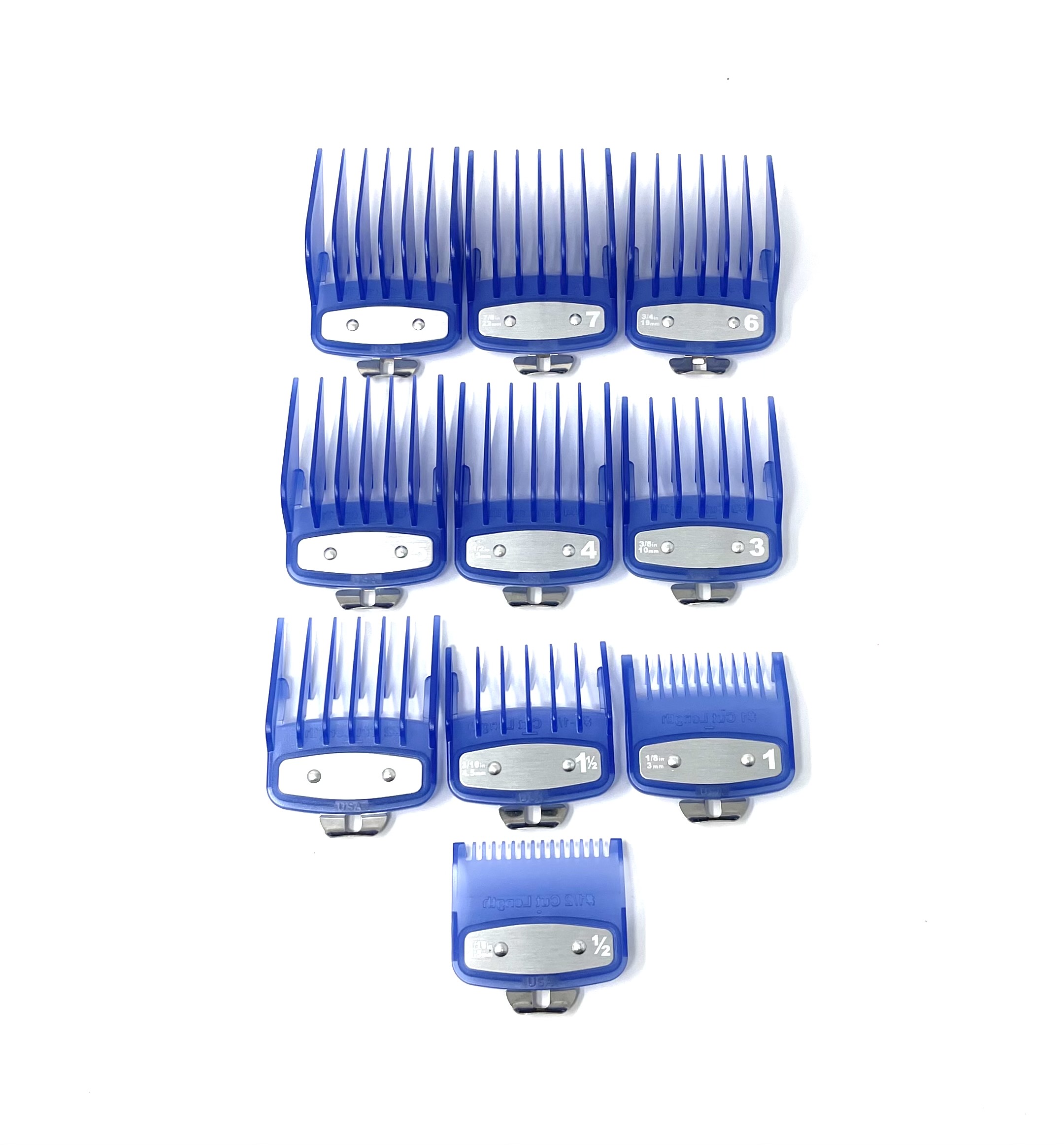 Blue Clear Clipper Premium Guards set with metal clip - fits wahl and babyliss (10pc = 1-8