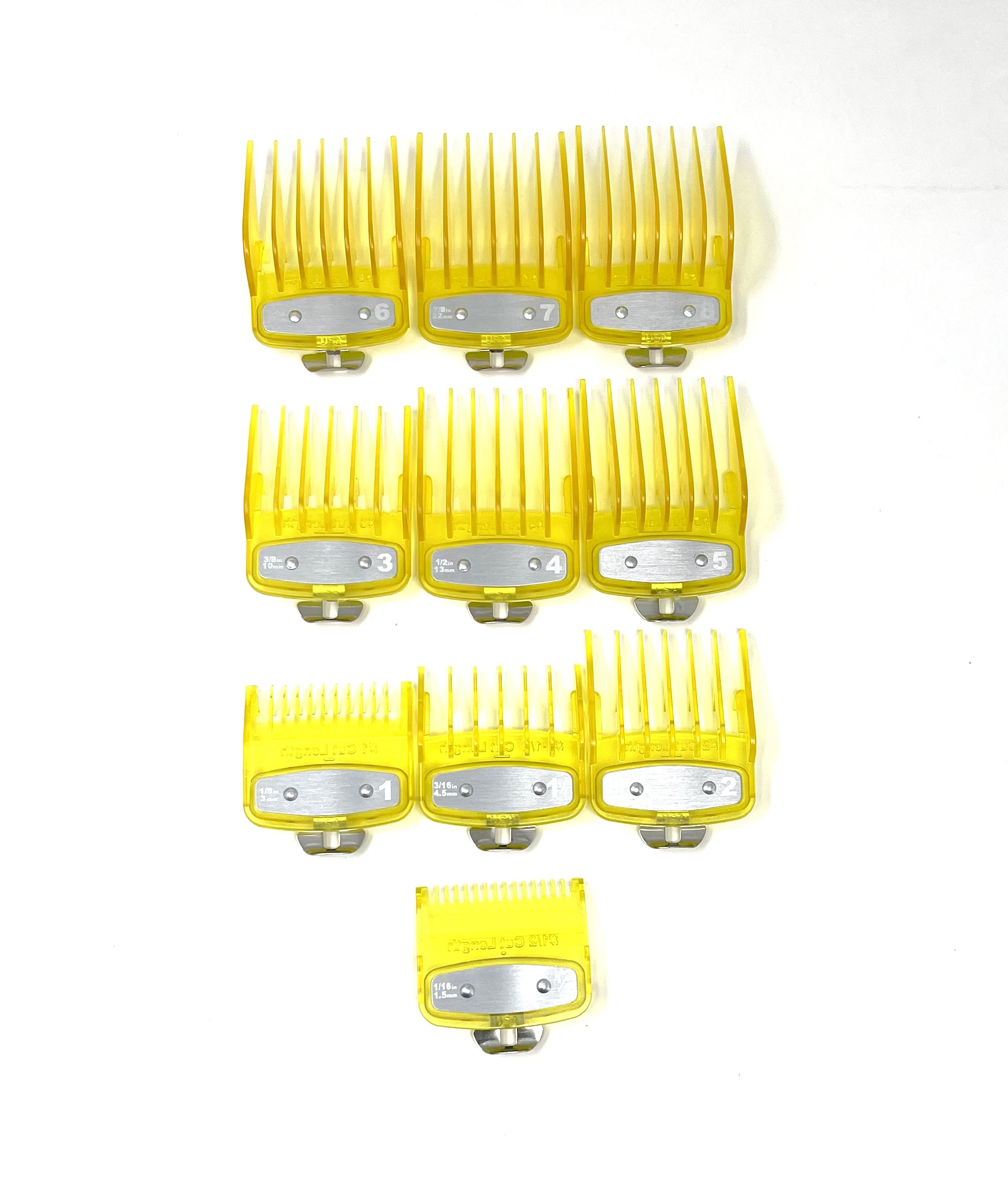 Yellow Clear Clipper Premium Guards set with metal clip - fits wahl and babyliss (10pc = 1-8