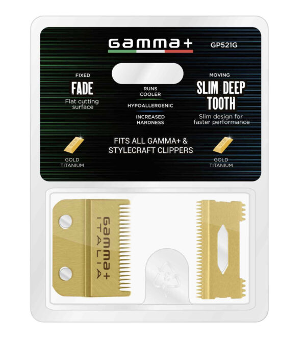 Gamma+ REPLACEMENT FIXED GOLD TITANIUM FADE CLIPPER BLADE WITH GOLD TITANIUM MOVING SLIM DEEP TOOTH CUTTER SET #GP521G