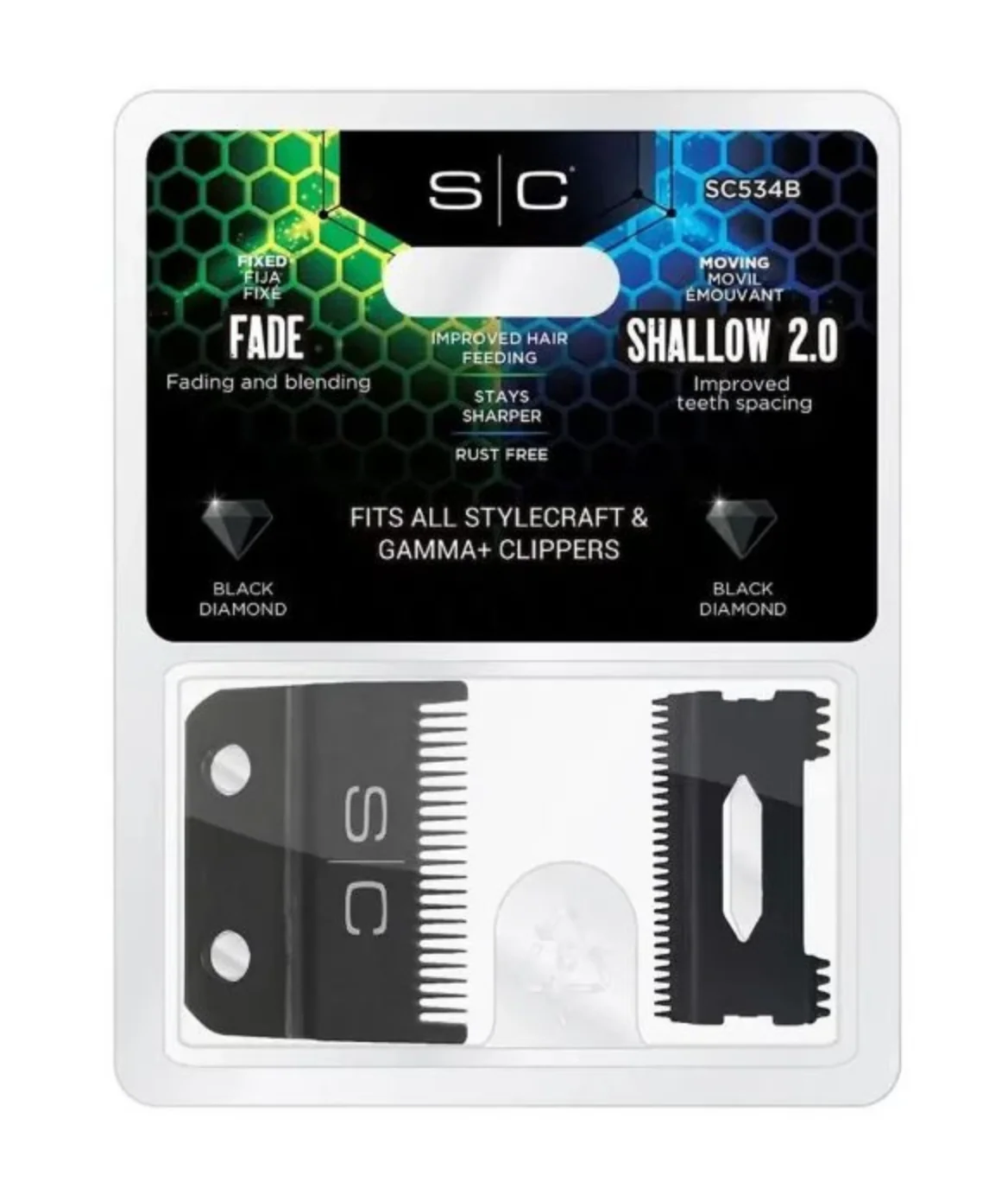StyleCraft S|C Replacement Double Black Diamond Carbon DLC Fixed Fade Blade with Shallow Tooth Cutter 2.0 Clipper Blade Set #SC534B