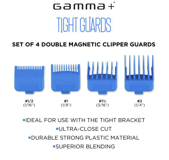 GAMMA+  DUB MAGNETIC TIGHT CLIPPER GUARDS 4-PACK CYAN BLUE