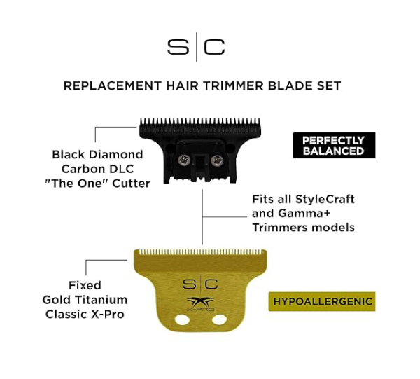 StyleCraft Replacement Fixed Gold Titanium Classic X-Pro Hair Trimmer Blade with Black Diamond Carbon DLC "The One Cutter Set" SC529GB