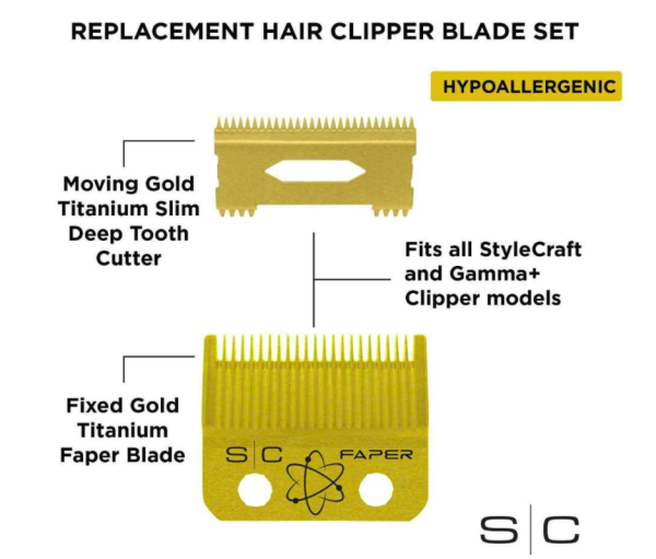 StyleCraft S|C REPLACEMENT FIXED GOLD FAPER CLIPPER BLADE WITH GOLD MOVING SLIM DEEP TOOTH CUTTER SET #SC525G