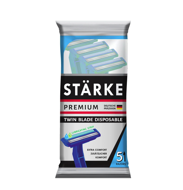 STÄRKE PREMIUM Twin Blade Razors – Pouch of 5 Razors

STARKE PREMIUM Twin Blade Disposable Razor comes with a platinum-chromium coating on its high-grade stainless steel blades and this ensures an easy and comfortable shave minus any nicks or cuts. It also comes with a special water-activated lubricating strip containing vitamin E and aloe vera that helps to minimise skin irritation and provide a soothing post-shave effect.