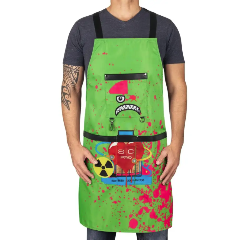 GAMMA+ X STYLECRAFT WATER-REPELLENT BARBER/SALON APRON WITH ADJUSTABLE STRAPS RADIOACTIVE GREEN SC338GR