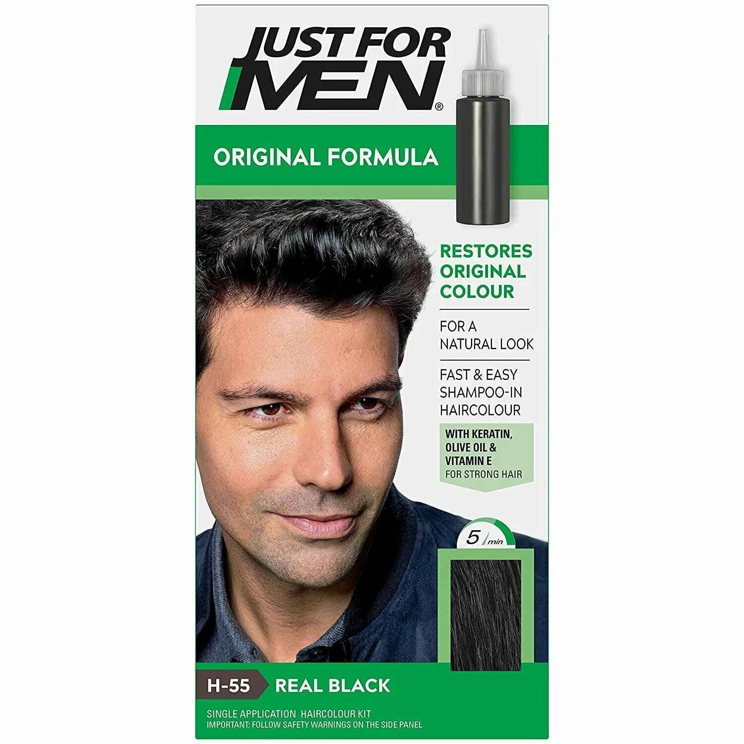Just For Men Shampoo-In Color Gray Hair Coloring for Men H55 Real Black 1.11 oz