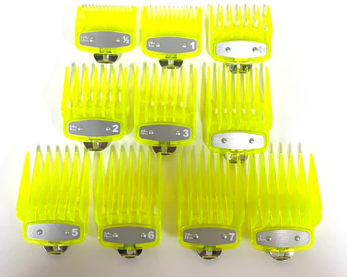 Neon yellow Clear Clipper Premium Guards set with metal clip - fits wahl and babyliss (10pc = 1-8, 0.5, 1.5)