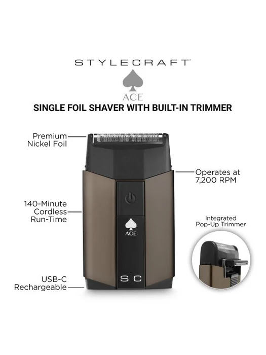 StyleCraft Ace Single Foil Shaver with built-in Trimmer #SC802N